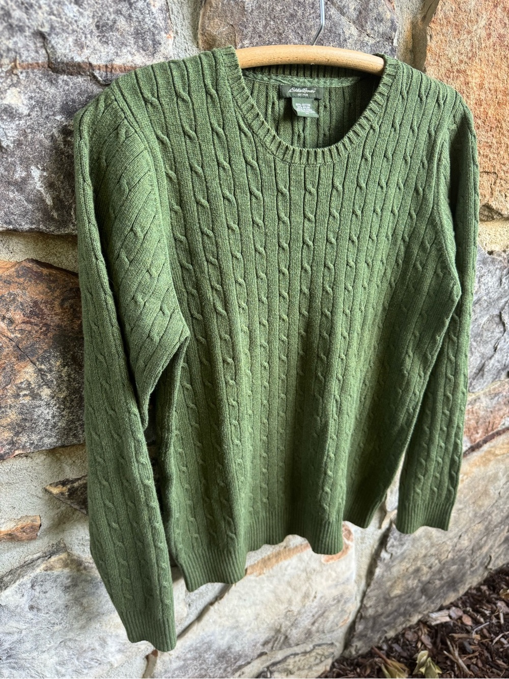 Eddie Bauer Green Cable Knit Cotton Crewneck Sweater M Preppy Equestrian